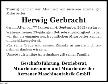 Traueranzeige von Herwig Gerbracht von Deister- und Weserzeitung