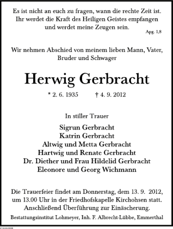 Traueranzeige von Herwig Gerbracht von Deister- und Weserzeitung