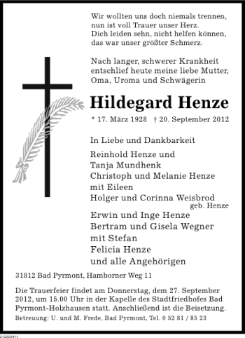 Traueranzeige von Hildegard Henze von Deister- und Weserzeitung