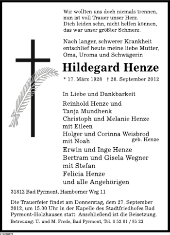 Traueranzeige von Hildegard Henze von Deister- und Weserzeitung