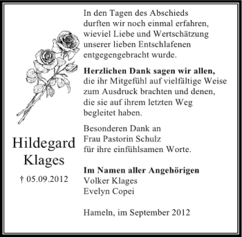 Traueranzeige von Hildegard Klages von Deister- und Weserzeitung