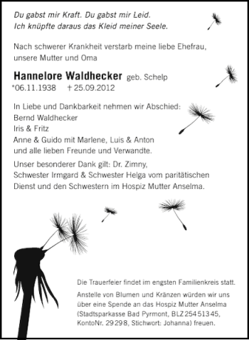 Traueranzeige von Hildegard Waldhecker von Deister- und Weserzeitung