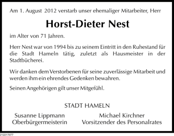 Traueranzeige von Horst-Dieter Nest von Deister- und Weserzeitung