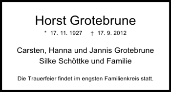 Traueranzeige von Horst Grotebrune von Deister- und Weserzeitung