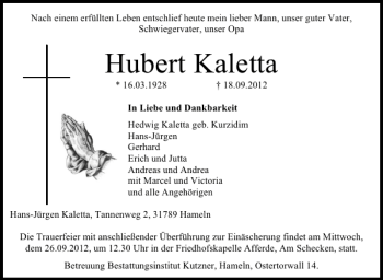Traueranzeige von Hubert Kaletta von Deister- und Weserzeitung