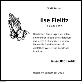 Traueranzeige von Ilse Fielitz von Deister- und Weserzeitung