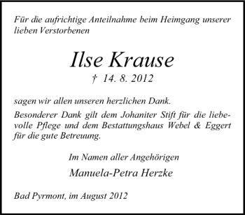 Traueranzeige von Ilse Krause von Deister- und Weserzeitung