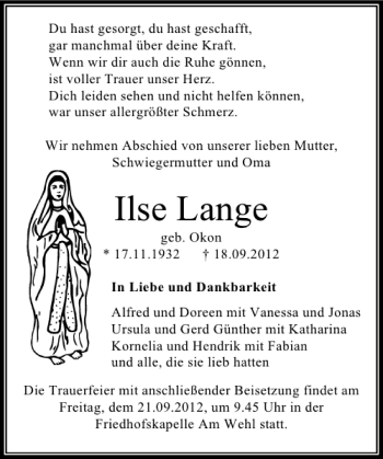 Traueranzeige von Ilse Lange von Deister- und Weserzeitung