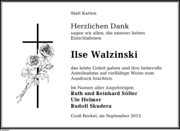 Traueranzeige von Ilse Walzinski von Deister- und Weserzeitung