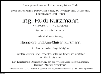 Traueranzeige von Ing. Rudi Kurzmann von Deister- und Weserzeitung