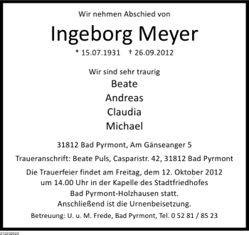 Traueranzeige von Ingeborg Meyer von Deister- und Weserzeitung