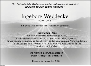 Traueranzeige von Ingeborg Weddecke von Deister- und Weserzeitung