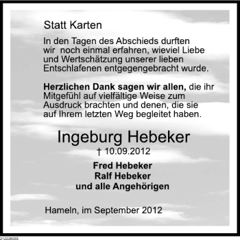 Traueranzeige von Ingeburg Hebeker von Deister- und Weserzeitung