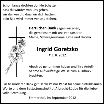 Traueranzeige von Ingrid Goretzko von Deister- und Weserzeitung
