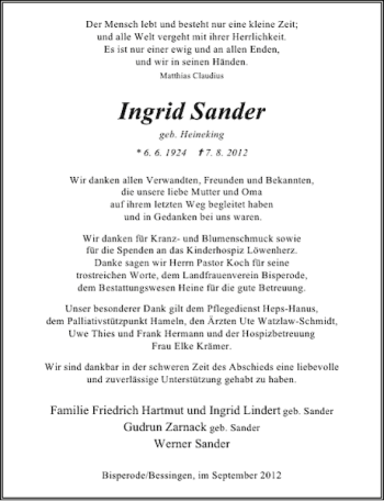 Traueranzeige von Ingrid Sander von Deister- und Weserzeitung