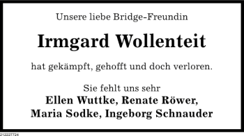 Traueranzeige von Irmgard Wollenteit von Deister- und Weserzeitung