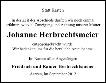 Traueranzeige von Johanne Herbrechtsmeier von Deister- und Weserzeitung