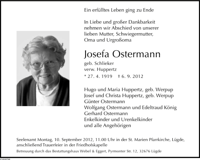  Traueranzeige für Josefa Ostermann vom 08.09.2012 aus Deister- und Weserzeitung