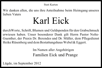 Traueranzeige von Karl Eick von Deister- und Weserzeitung