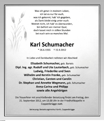 Traueranzeige von Karl Schumacher von Deister- und Weserzeitung