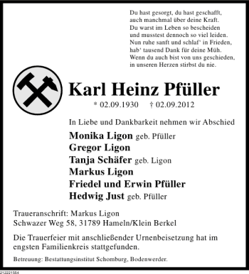 Traueranzeige von Karl Heinz Pfüller von Deister- und Weserzeitung