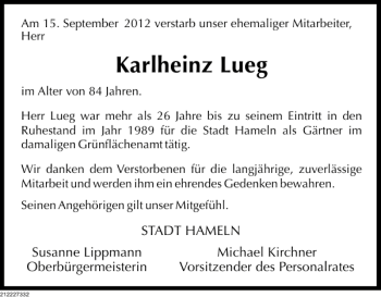 Traueranzeige von Karlheinz Lueg von Deister- und Weserzeitung