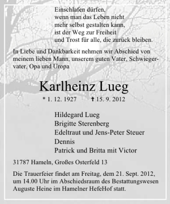 Traueranzeige von Karlheinz Lueg von Deister- und Weserzeitung