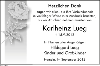 Traueranzeige von Karlheinz Lueg von Deister- und Weserzeitung