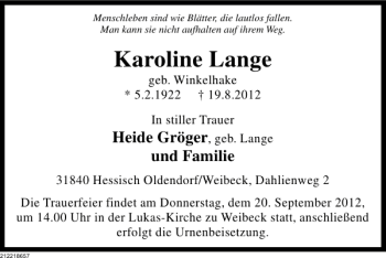 Traueranzeige von Karoline Lange von Deister- und Weserzeitung