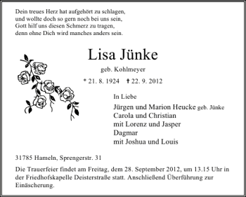 Traueranzeige von Lisa Jünke von Deister- und Weserzeitung