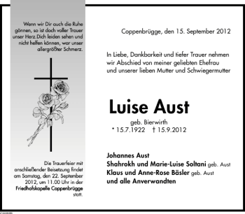 Traueranzeige von Luise Aust von Deister- und Weserzeitung