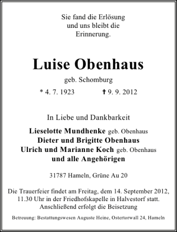 Traueranzeige von Luise Obenhaus von Deister- und Weserzeitung
