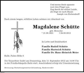Traueranzeige von Magdalene Schütte von Deister- und Weserzeitung