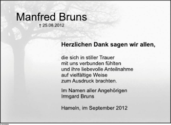 Traueranzeige von Manfred Bruns von Deister- und Weserzeitung