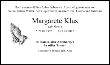 Traueranzeige von Margarete Klus von Deister- und Weserzeitung