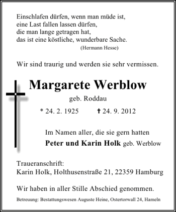 Traueranzeige von Margarete Werblow von Deister- und Weserzeitung