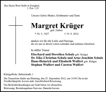 Traueranzeige von Margret Krüger von Deister- und Weserzeitung