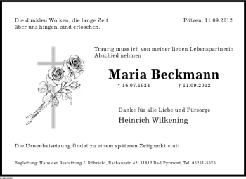 Traueranzeige von Maria Beckmann von Deister- und Weserzeitung