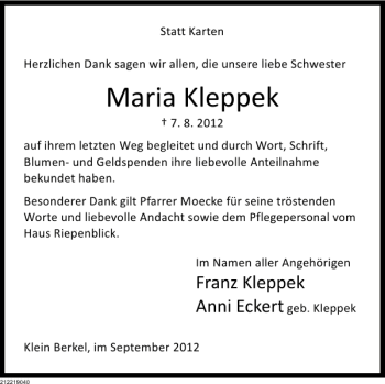 Traueranzeige von Maria Kleppek von Deister- und Weserzeitung