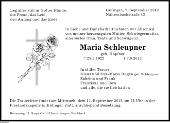 Traueranzeige von Maria Schleupner von Deister- und Weserzeitung