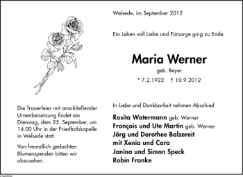 Traueranzeige von Maria Werner von Deister- und Weserzeitung