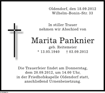 Traueranzeige von Marita Panknier von Deister- und Weserzeitung