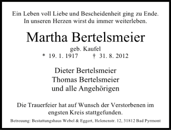 Traueranzeige von Martha Bertelsmeier von Deister- und Weserzeitung