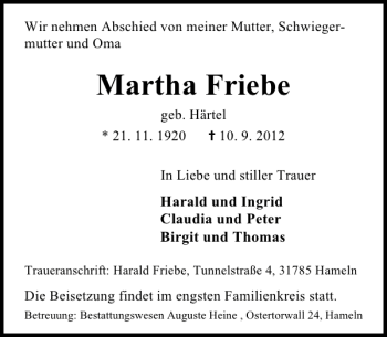 Traueranzeige von Martha Friebe von Deister- und Weserzeitung