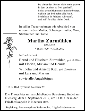 Traueranzeige von Martha Zurmühlen von Deister- und Weserzeitung