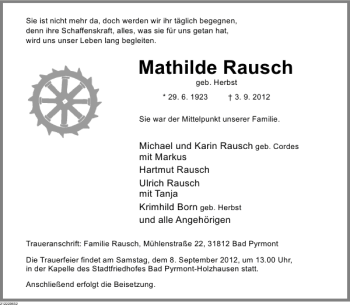 Traueranzeige von Mathilde Rausch von Deister- und Weserzeitung