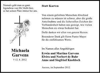 Traueranzeige von Michaela Garvens von Deister- und Weserzeitung