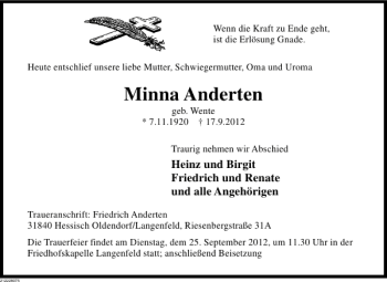 Traueranzeige von Minna Anderten von Deister- und Weserzeitung