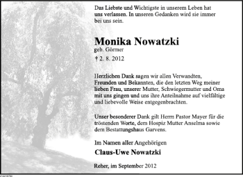 Traueranzeige von Monika Nowatzki von Deister- und Weserzeitung