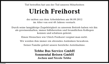 Traueranzeige von Nachruf Freihorst von Deister- und Weserzeitung